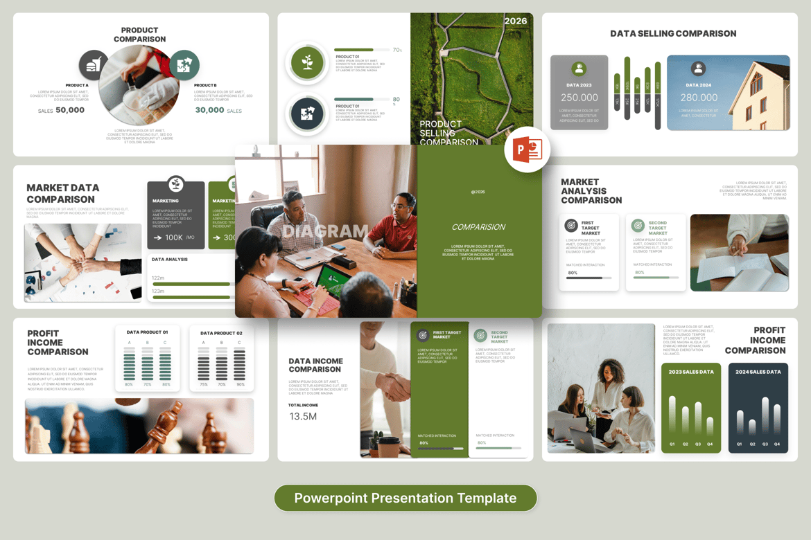 Template Presentasi PowerPoint Diagram Perbandingan yang Profesional