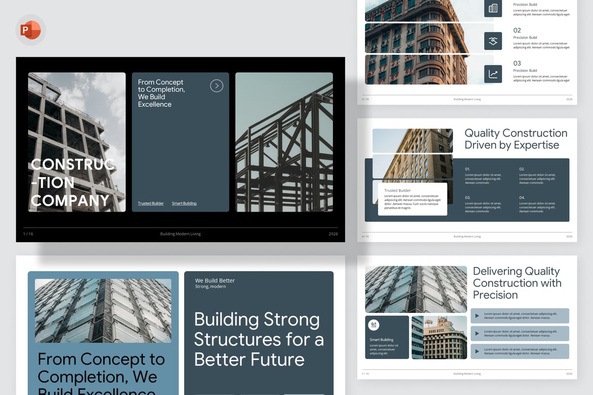 Template Presentasi PowerPoint Perusahaan Konstruksi Modern