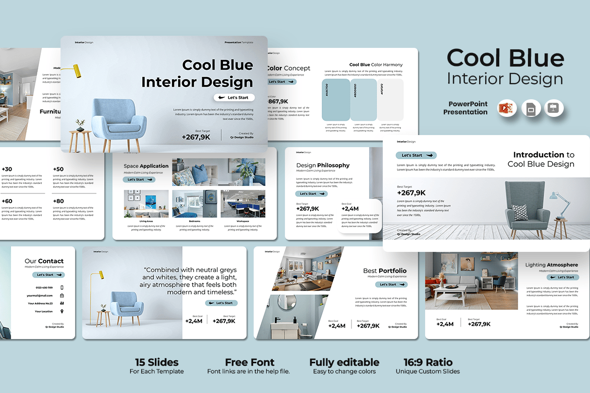 Template Presentasi PowerPoint Desain Interior Biru yang Menawan