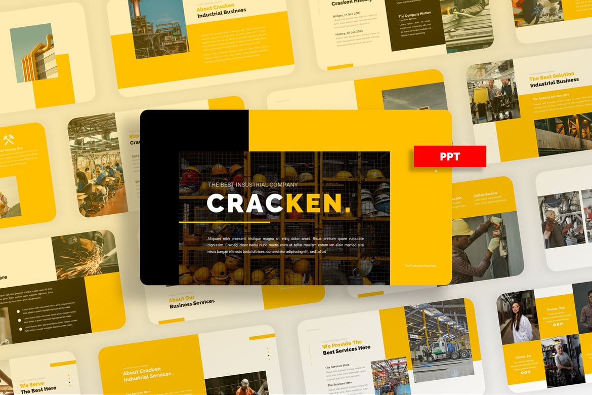 Template PowerPoint Cracken - Layanan Industri Kuning yang Menarik