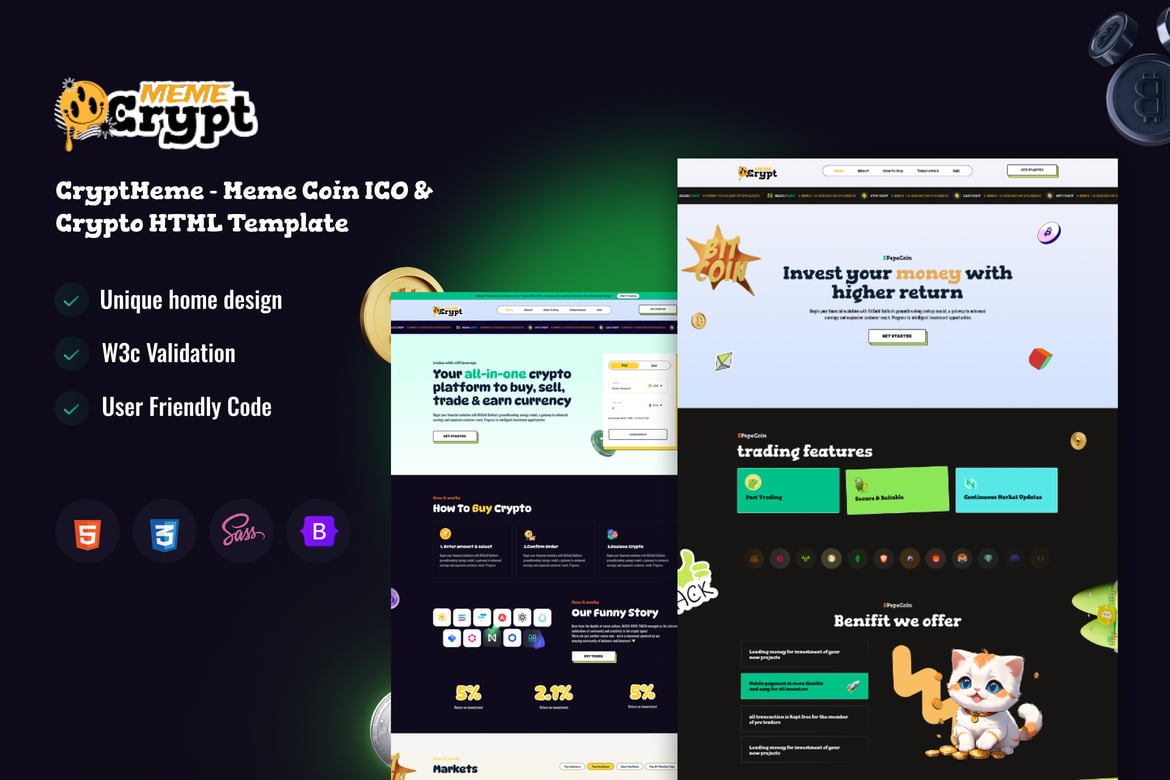 CryptMeme - Template Website ICO Meme Coin yang Modern dan Responsif