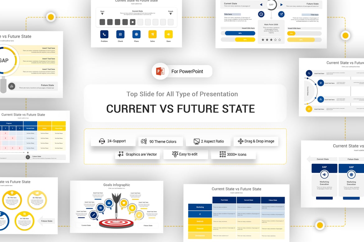 Template PowerPoint Perbandingan Kondisi Saat Ini dan Masa Depan yang Menarik