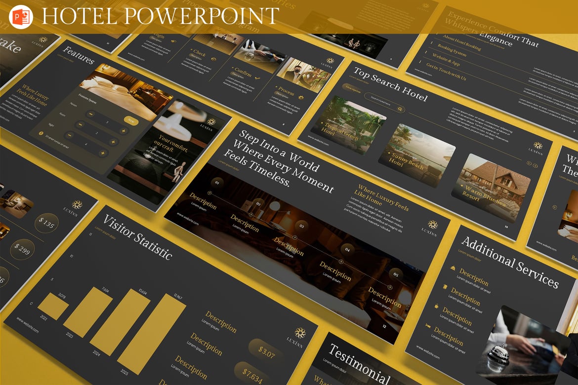 Template Presentasi Powerpoint Mewah Gelap untuk Hotel