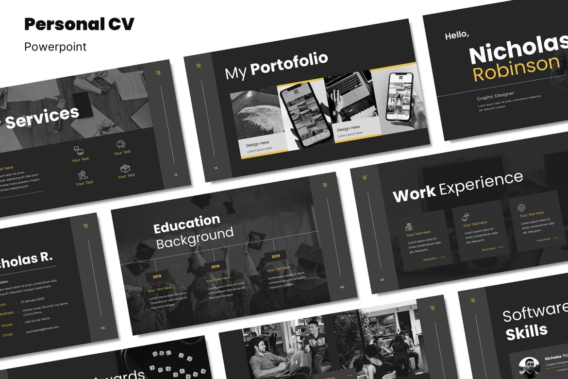 Template PPT CV Pribadi dengan Tema Gelap yang Menarik