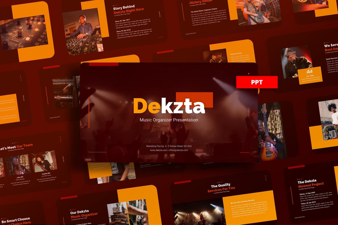 Template PowerPoint Dekzta untuk Musik dan Organizer yang Menarik