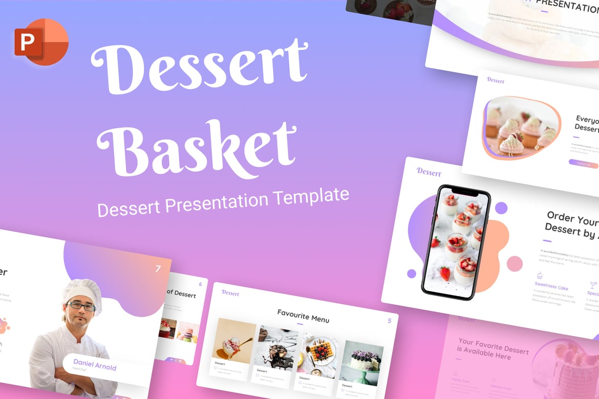 Template PowerPoint Kreatif Keranjang Makanan Penutup yang Menggugah Selera