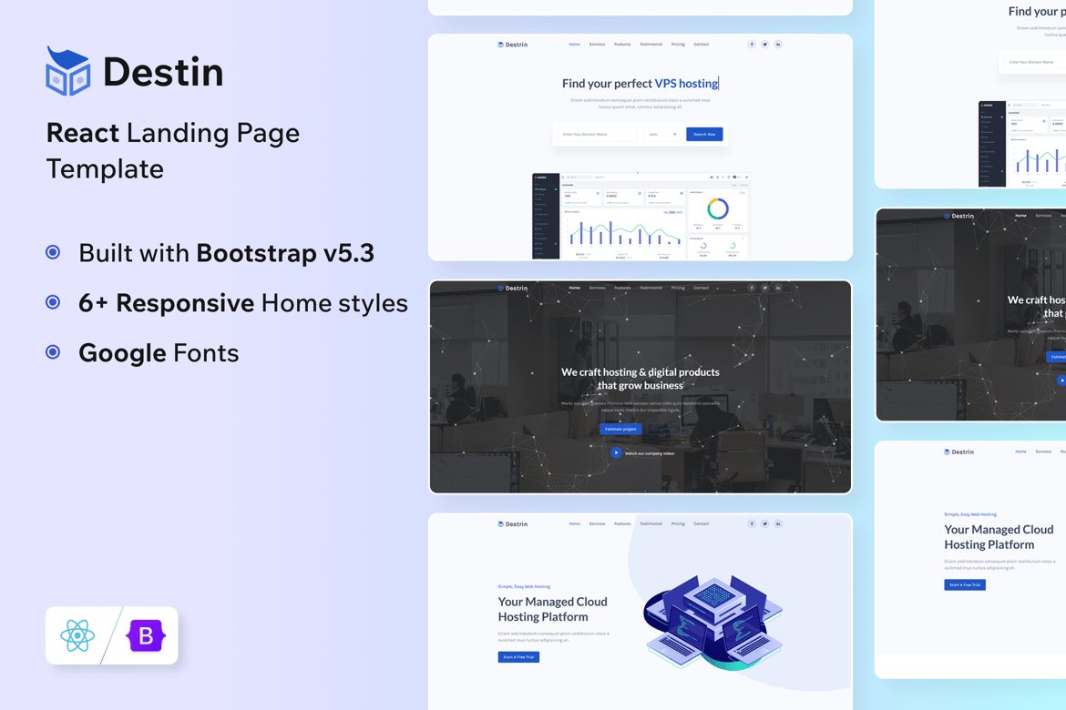 Template Web Landing Page React Destin yang Modern dan Responsif