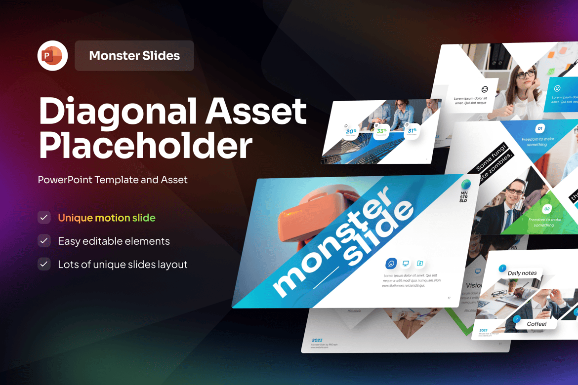 Template PowerPoint Placeholder Aset Diagonal yang Modern dan Menarik