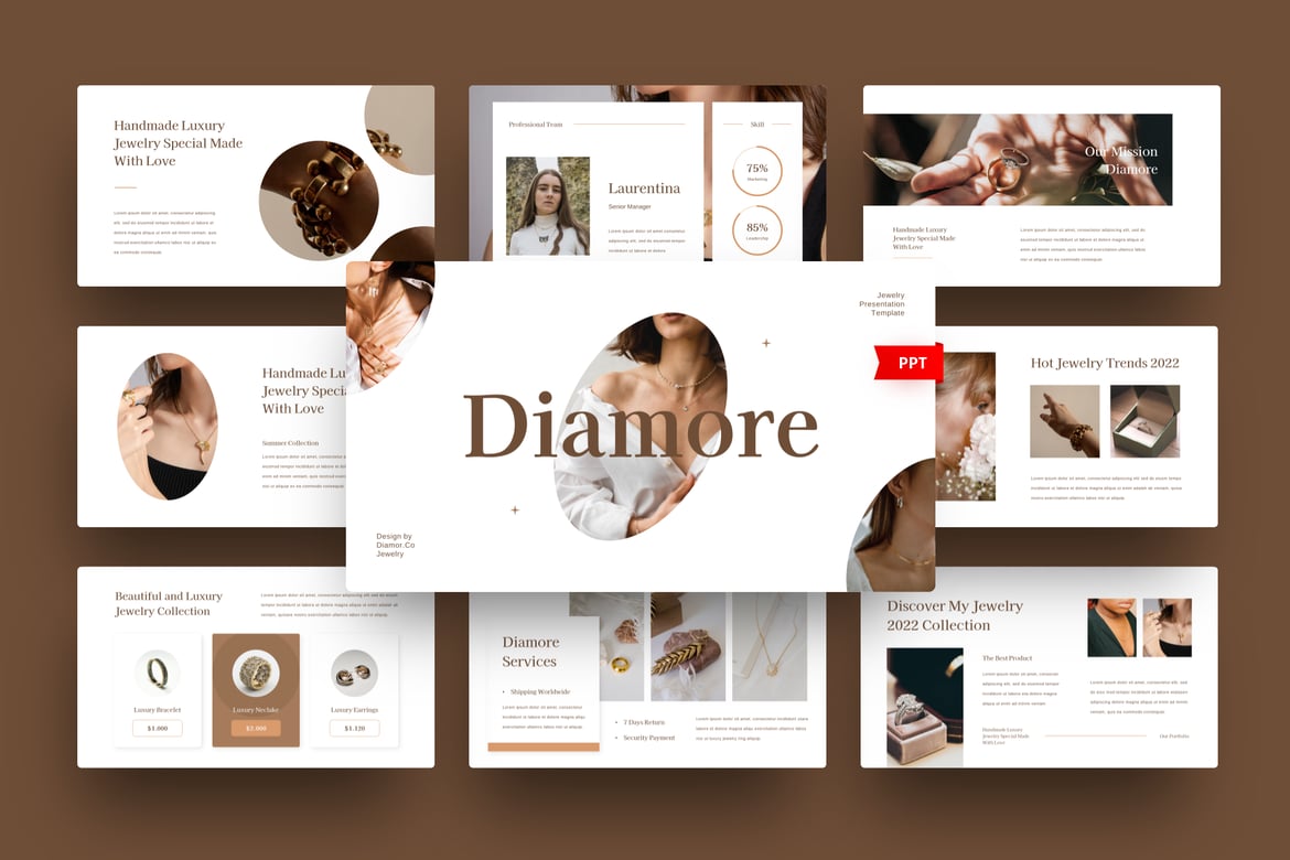 Template Presentasi PowerPoint Diamore untuk Perhiasan yang Elegan
