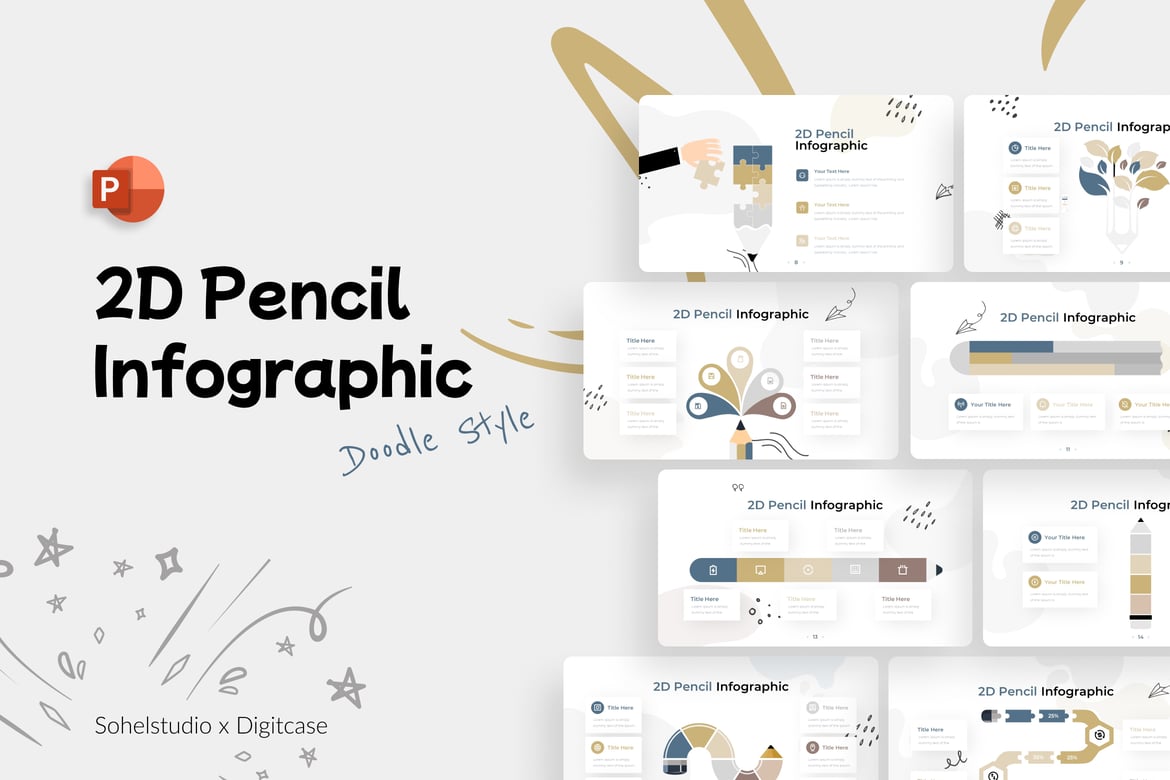 Template PowerPoint Infografis Doodle 2D Pencil yang Menarik