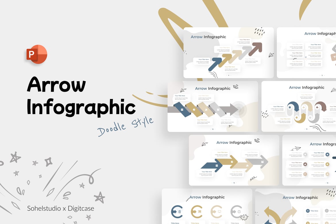Template Presentasi PowerPoint Infografis Panah Doodle yang Menarik
