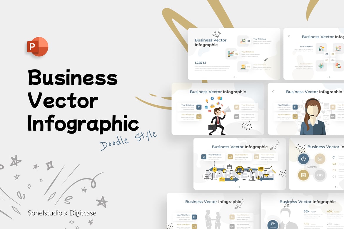 Template Presentasi PowerPoint Doodle Bisnis Vektor yang Menarik