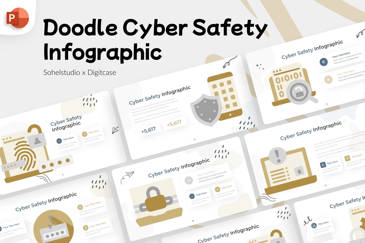 Template Presentasi PowerPoint Infografis Keamanan Siber Doodle yang Menarik