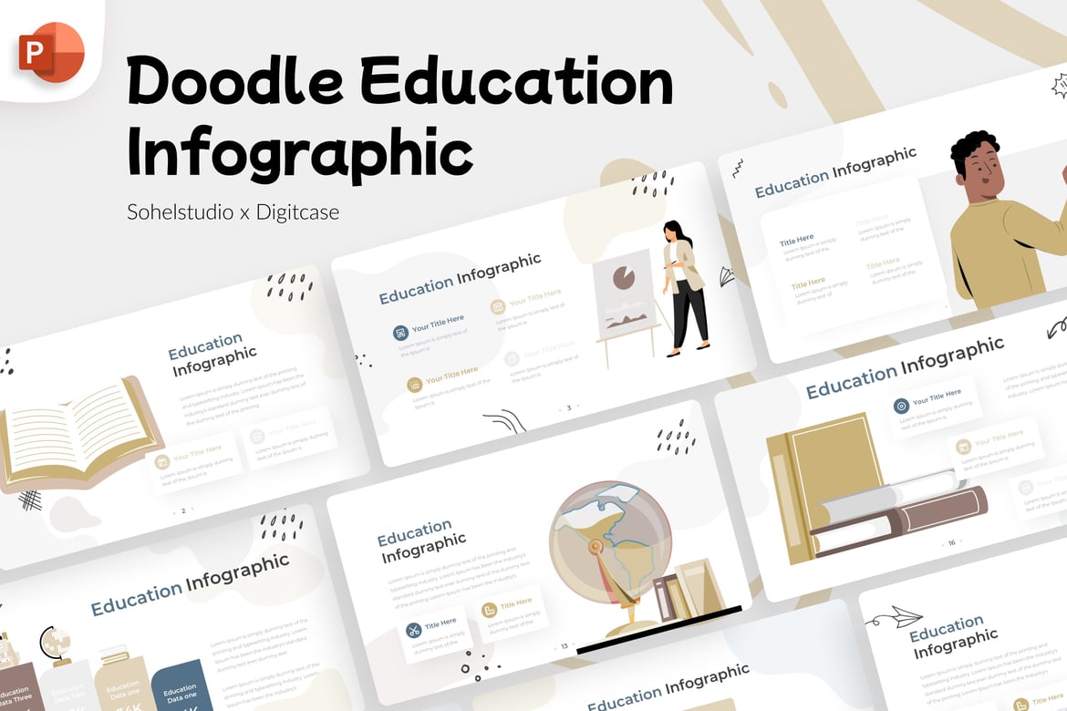 Template Presentasi PowerPoint Infografis Doodle Pendidikan yang Menarik