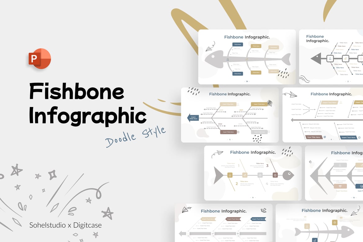 Template Presentasi PowerPoint Doodle Fishbone yang Menginspirasi