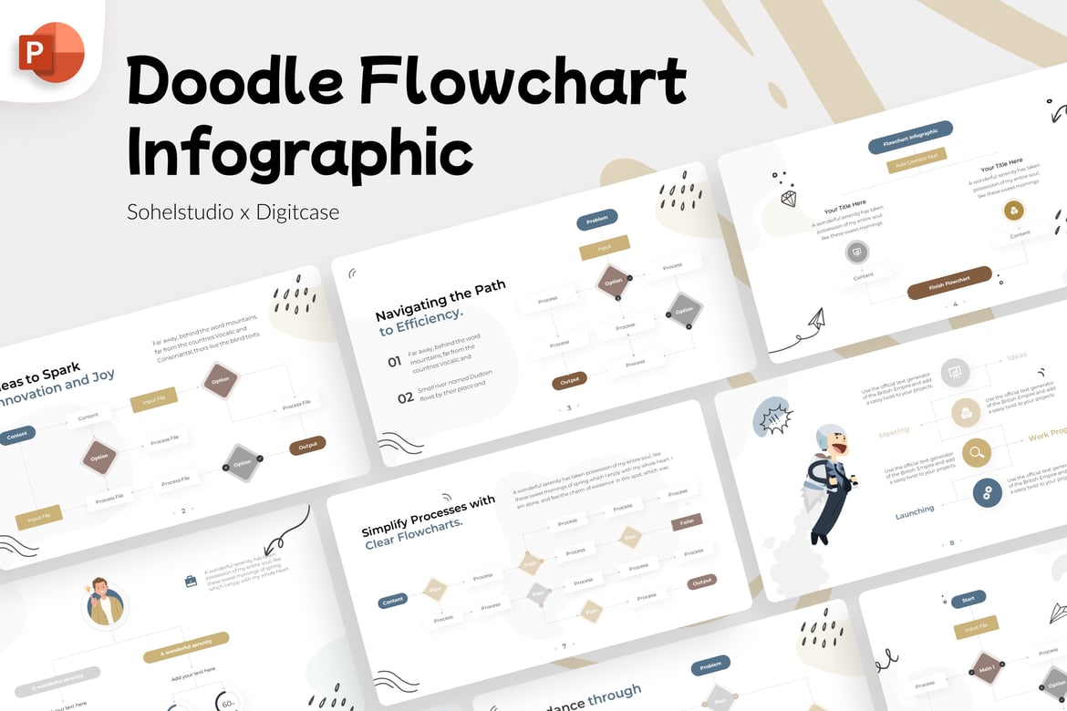 Template PowerPoint Flowchart Doodle yang Menarik