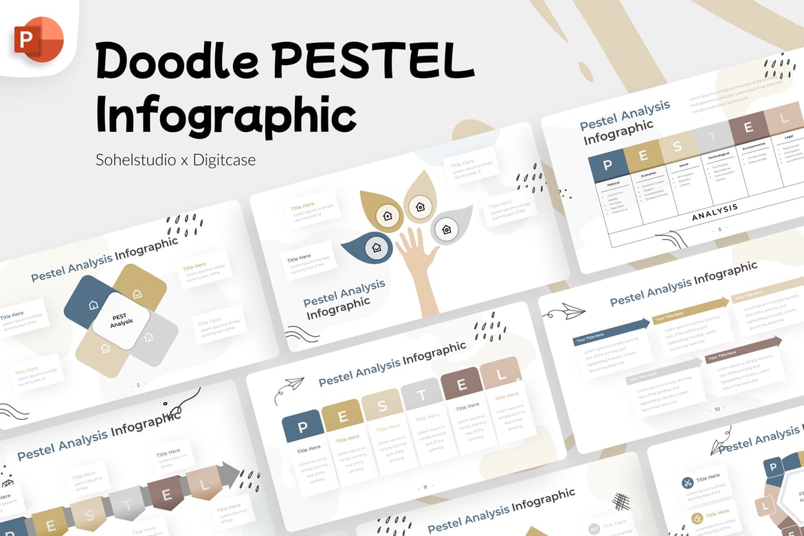 Template Presentasi PowerPoint Doodle PESTEL Analisis yang Menarik