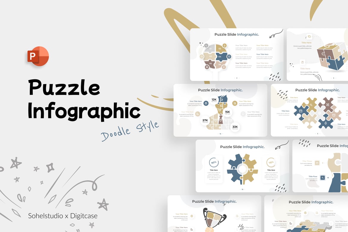 Template PowerPoint Infografis Doodle Puzzle yang Menarik