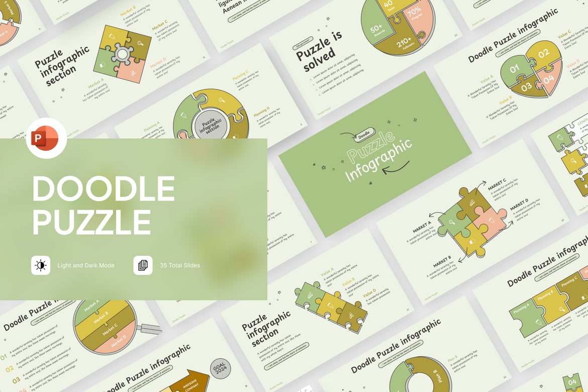 Template PowerPoint Infografis Doodle Puzzle yang Menarik
