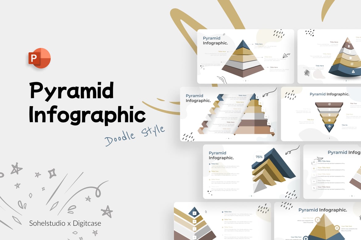 Template Presentasi PowerPoint Infografis Doodle Pyramid yang Menarik