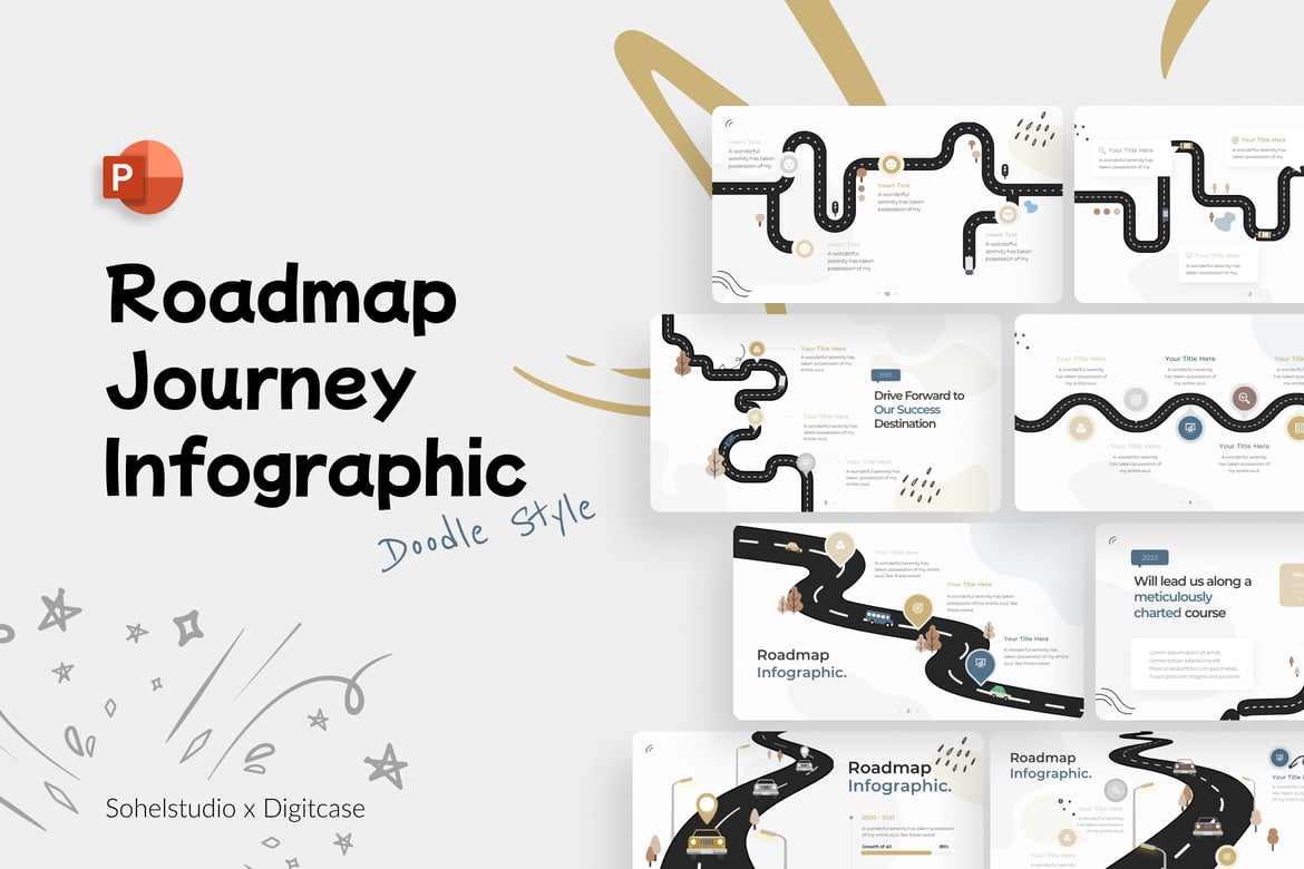 Template Presentasi PowerPoint Infografis Doodle Roadmap Journey
