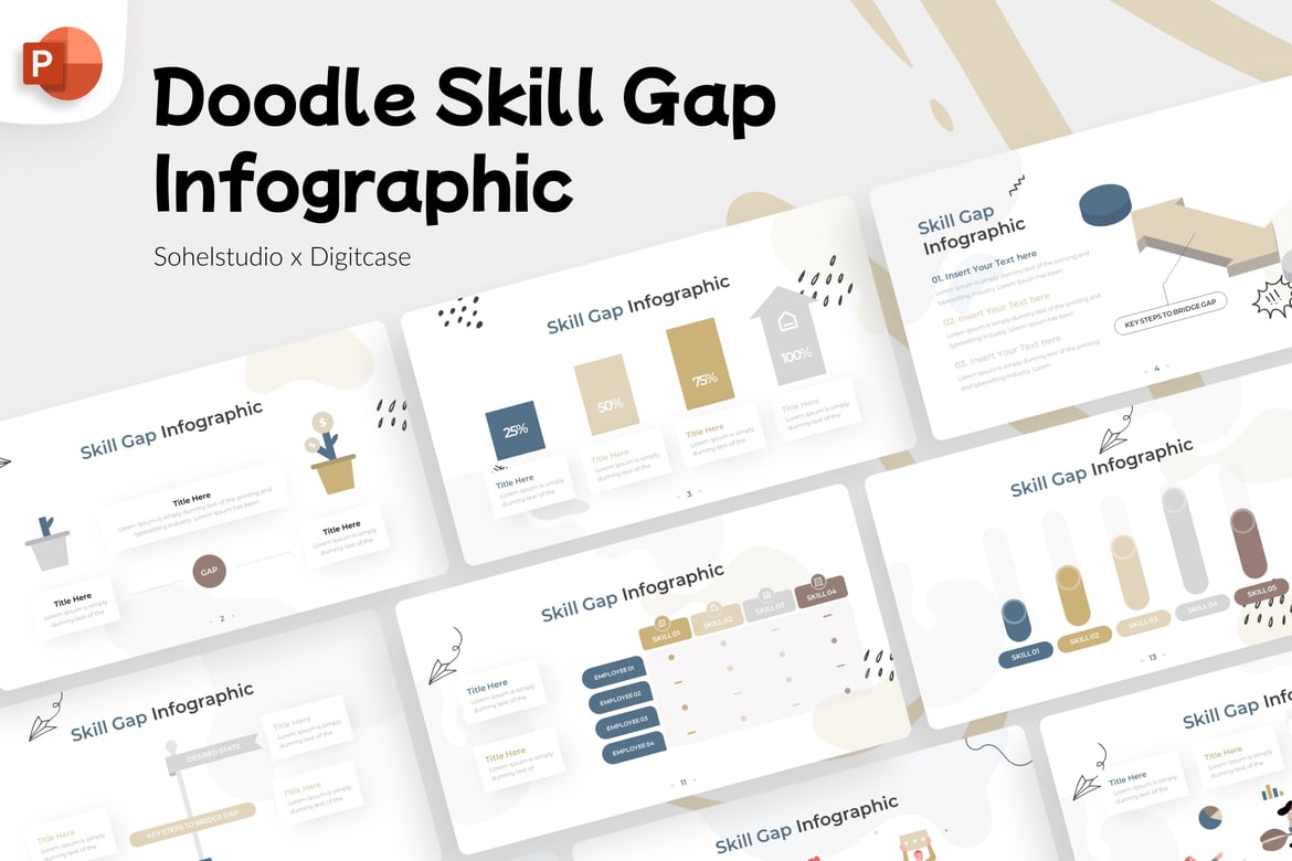 Template Presentasi PowerPoint Infografis Doodle untuk Mengatasi Kesenjangan Keterampilan