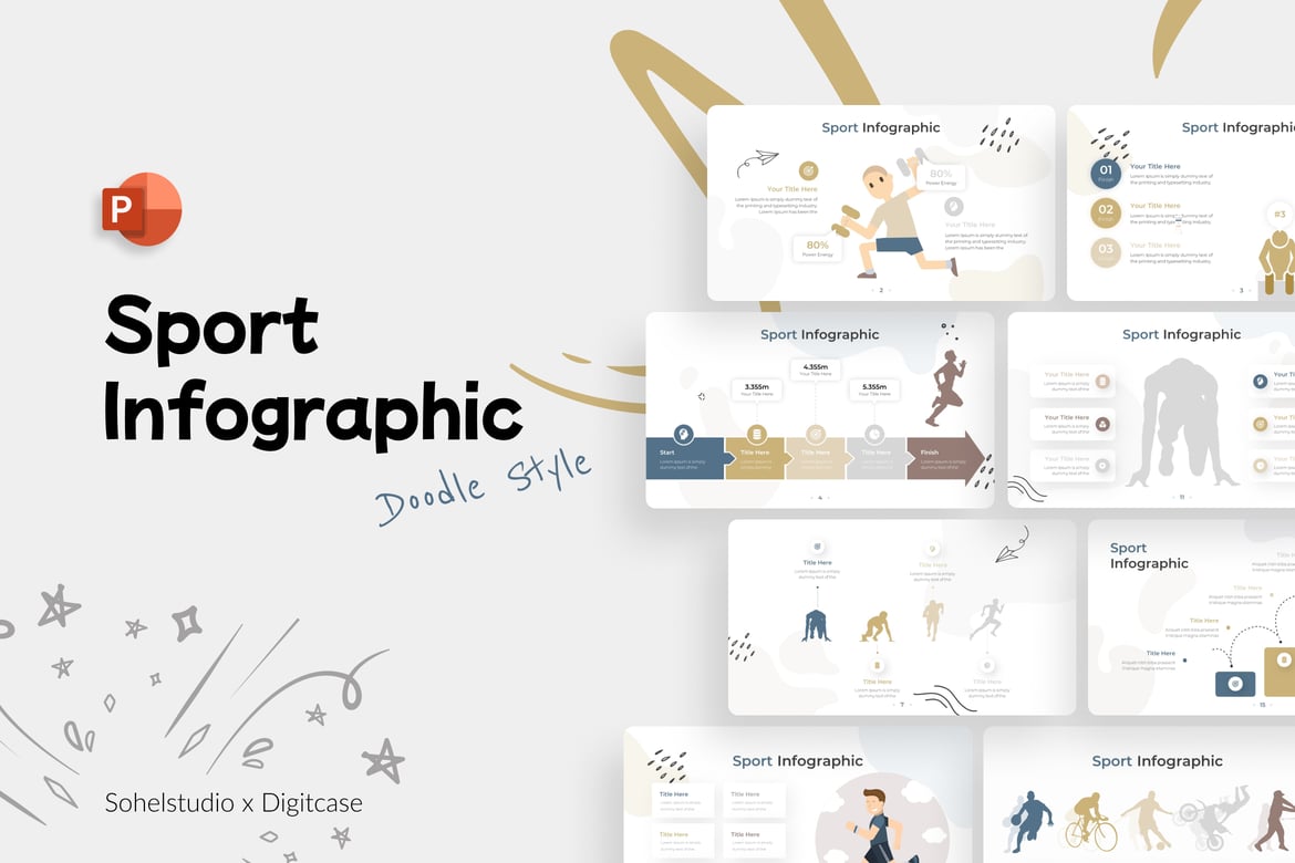 Template Presentasi PowerPoint Infografis Doodle Sport yang Menarik