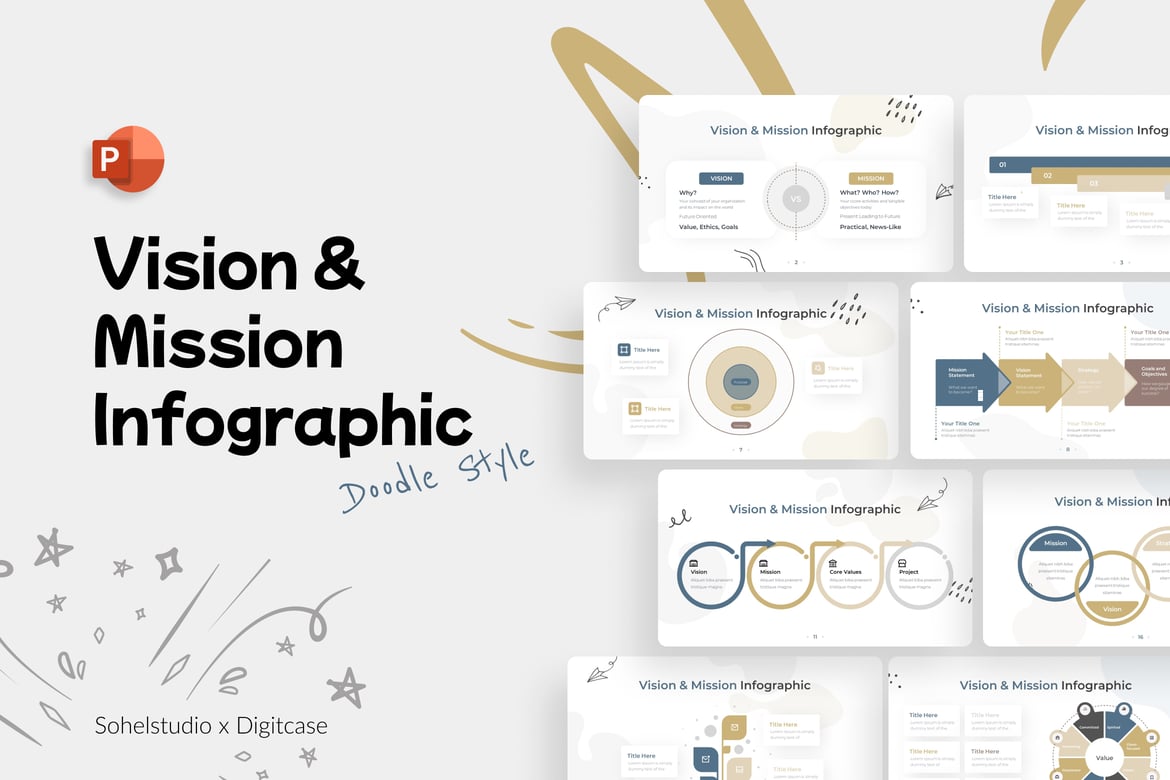 Template Presentasi PowerPoint Doodle Visi & Misi yang Menarik