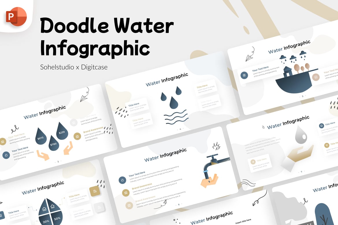 Template PowerPoint Infografis Doodle Water yang Menarik