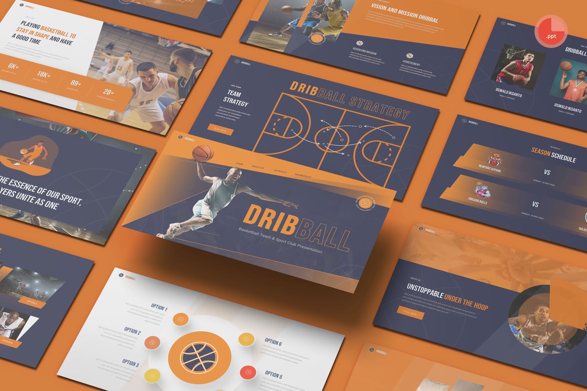 Template Presentasi PowerPoint Dribball: Tim Basket & Klub Olahraga yang Menarik