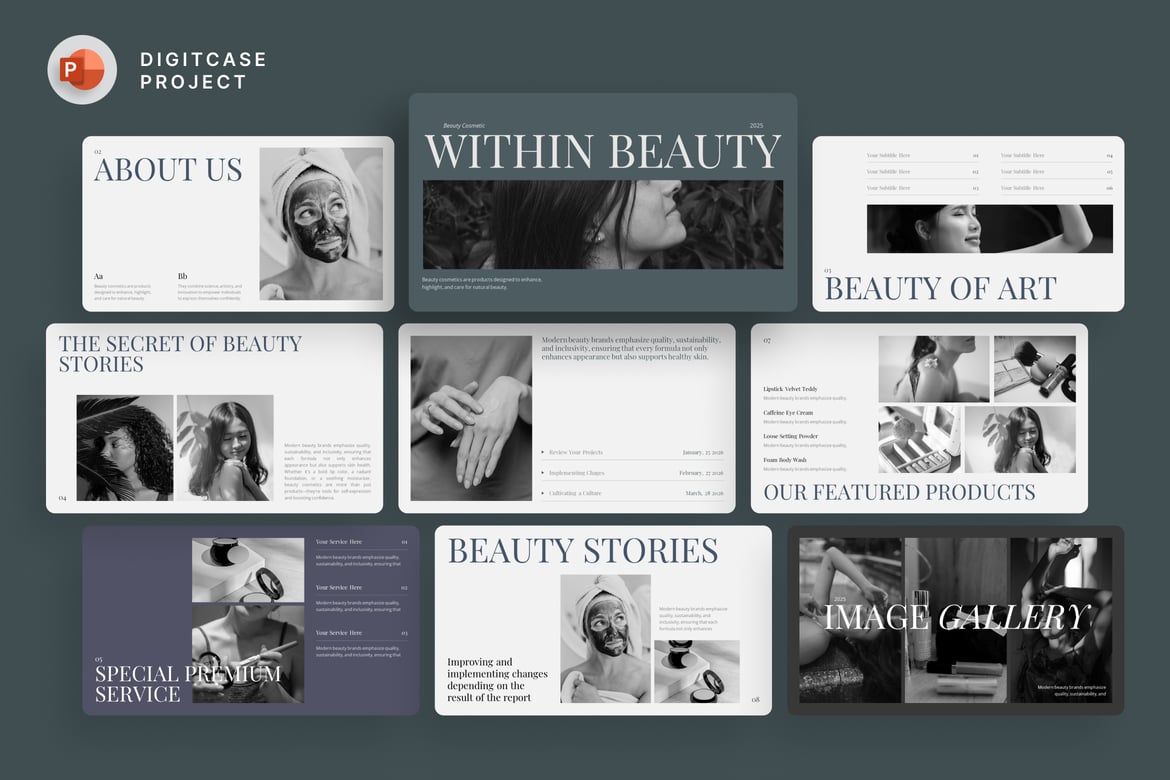 Template Presentasi PowerPoint Kecantikan Editorial yang Elegan