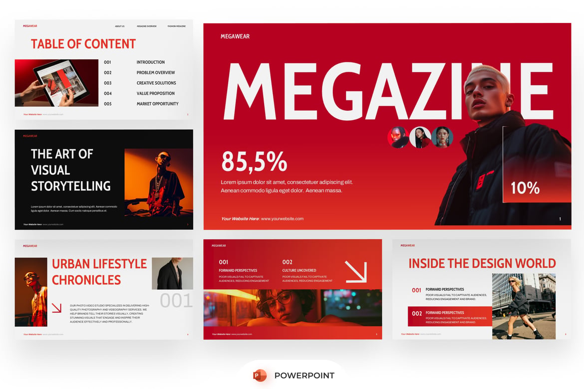 Template PowerPoint Megawear: Presentasi Editorial yang Memukau