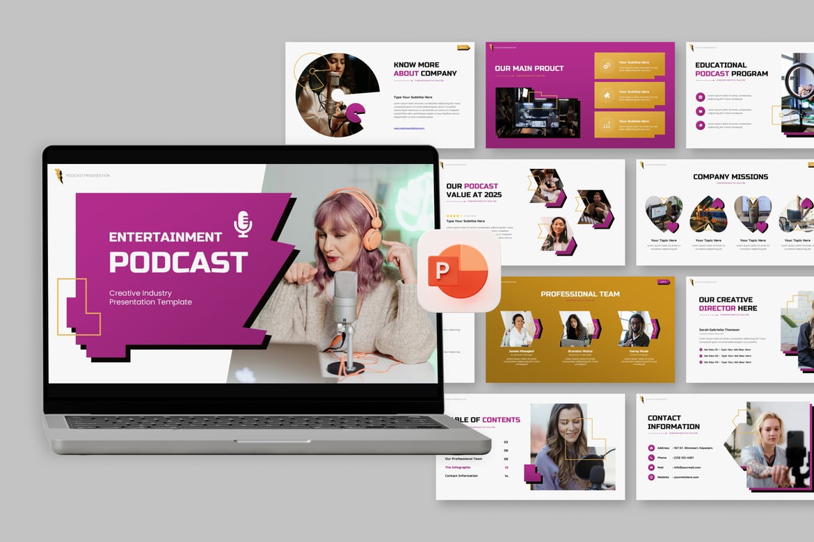 Template PowerPoint Podcast Hiburan yang Menarik