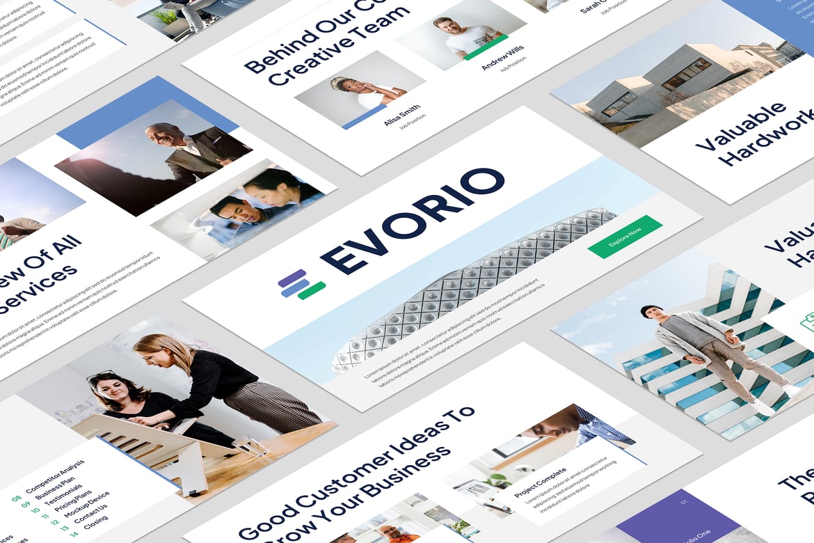 Template PowerPoint Profil Perusahaan Evorio yang Modern dan Elegan