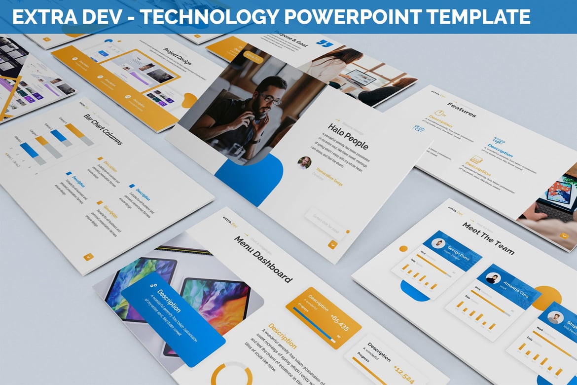 Template Powerpoint Teknologi Extra Dev yang Modern dan Kreatif