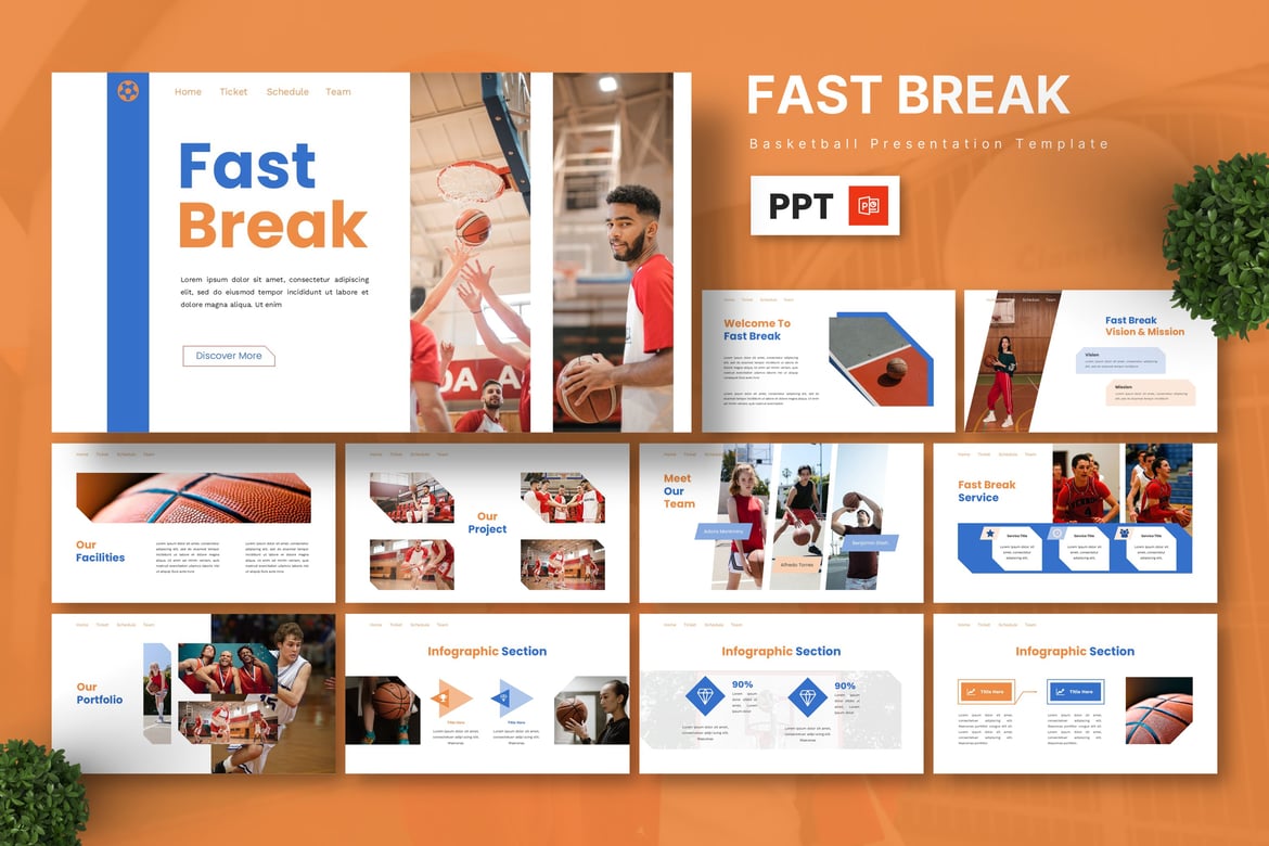 Template Presentasi PowerPoint Fast Break - Basket yang Dinamis