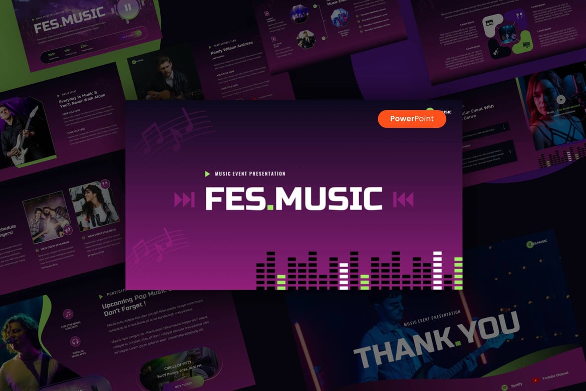 Template Presentasi PowerPoint Fesmusic untuk Acara Musik yang Menarik