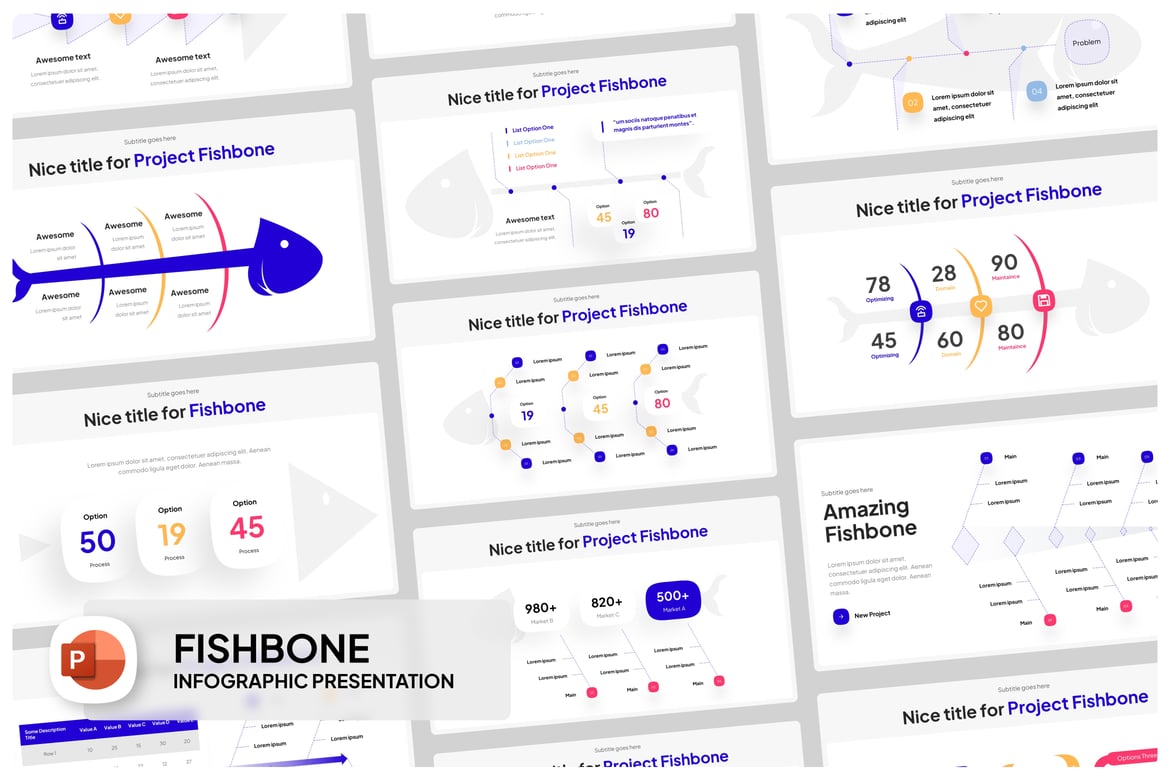 Template Presentasi PowerPoint Diagram Tulang Ikan yang Menarik