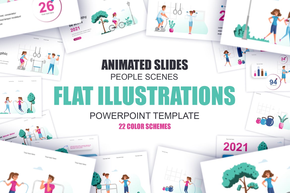 Template Presentasi Powerpoint Ilustrasi Datar Fitness dan Olahraga