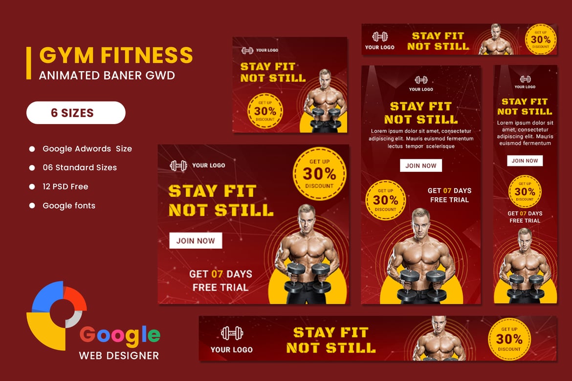 Template Banner Iklan HTML5 untuk Fitness yang Menarik dan Profesional