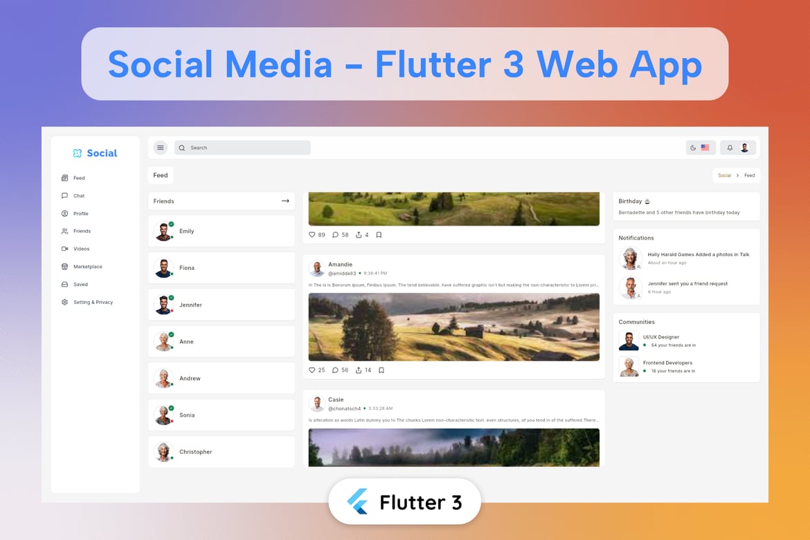 Template Website Aplikasi Sosial Flutter yang Menawan