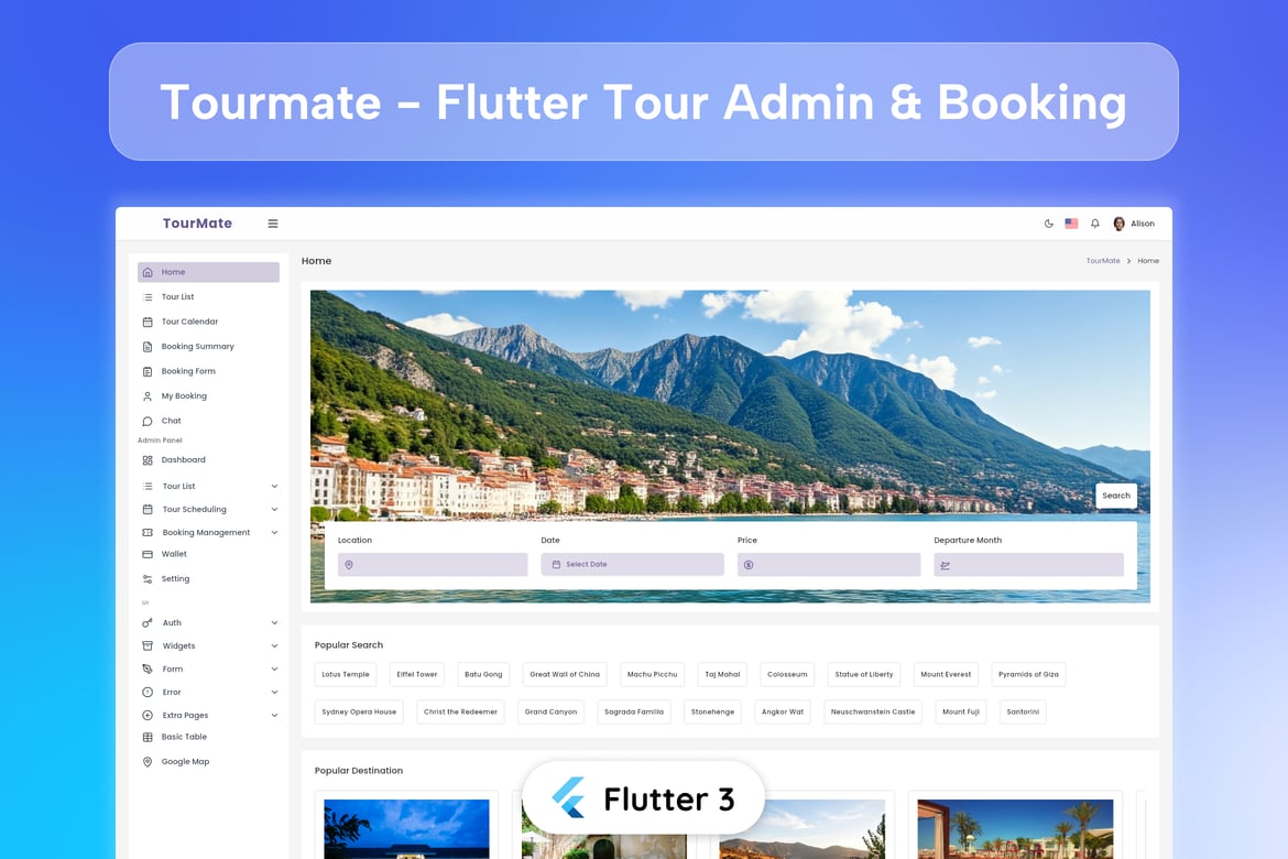 Template Web Pemesanan Tur Flutter dan Admin yang Menarik