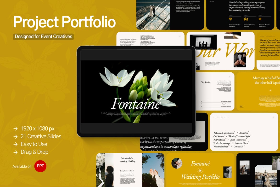 Template Presentasi PowerPoint Portofolio Pernikahan Fontaine yang Elegan
