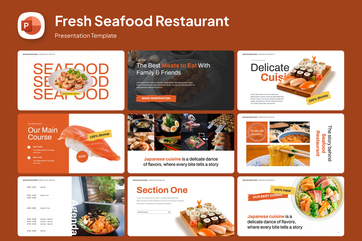 Template PowerPoint Restoran Seafood Segar yang Menarik dan Profesional