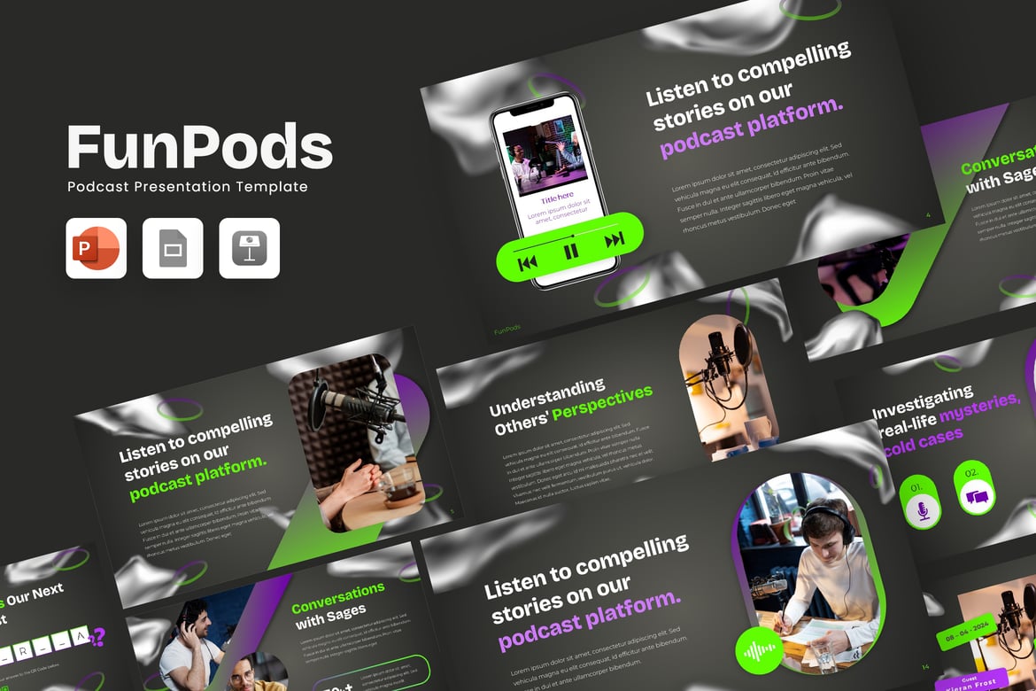 Template PowerPoint Podcast Funpods yang Kreatif dan Elegan