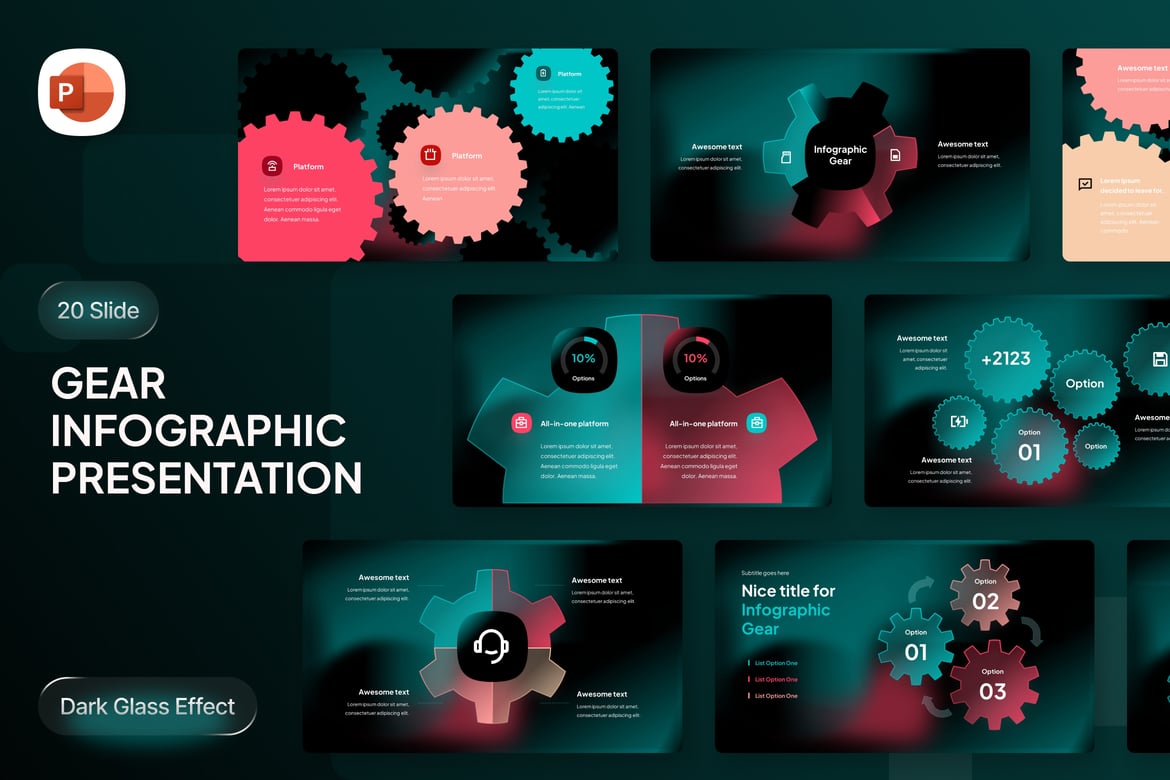 Template Presentasi Infografis Gear Glassmorph yang Menarik