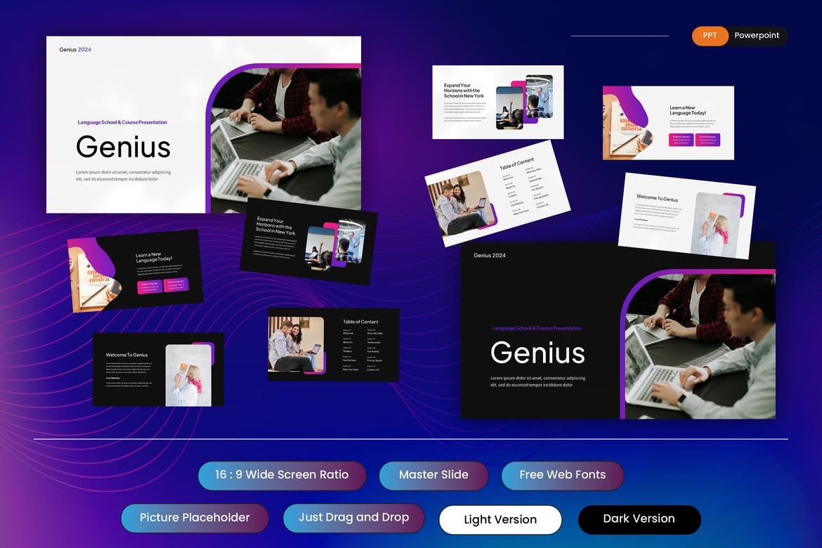 Genius - Template PowerPoint Sekolah Bahasa dan Kursus yang Menarik