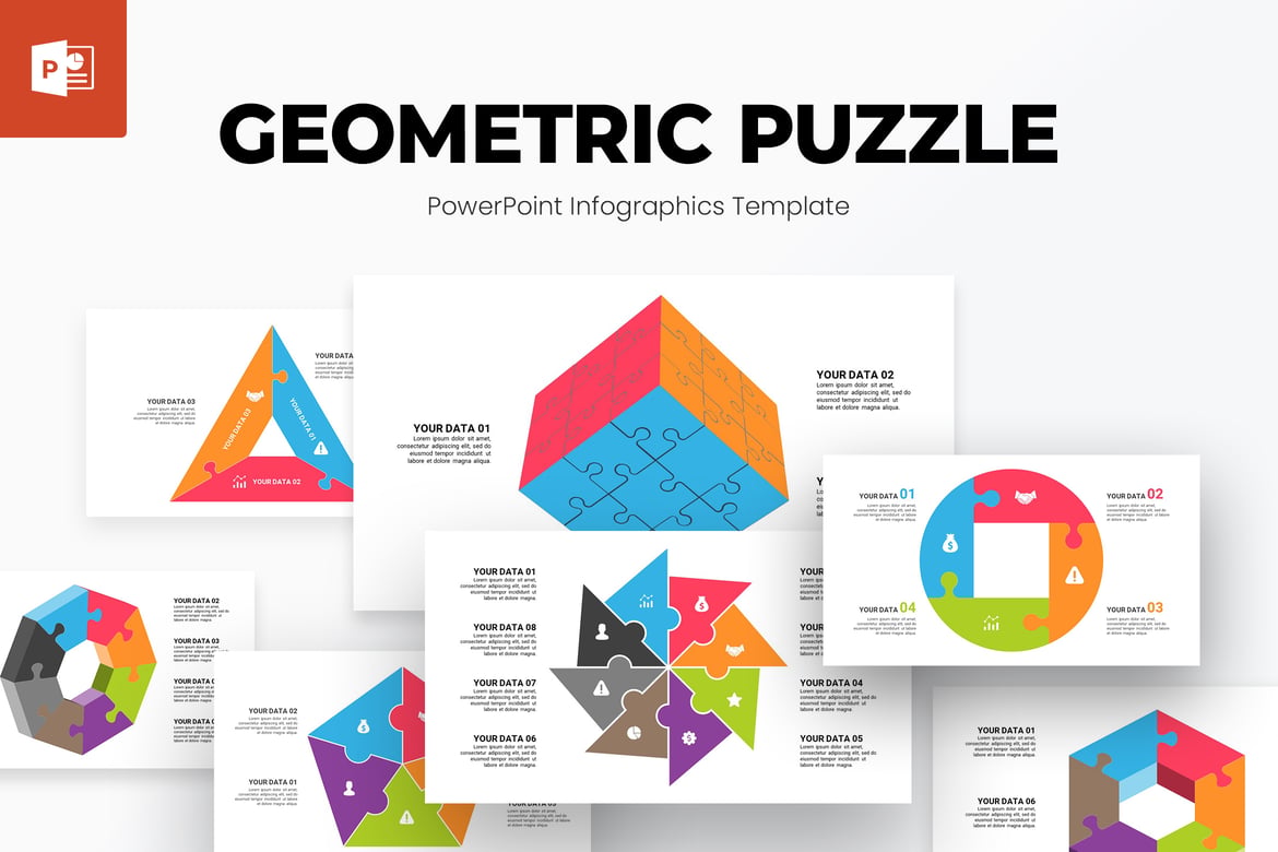 Template Presentasi PowerPoint Infografis Puzzle Geometris yang Menarik