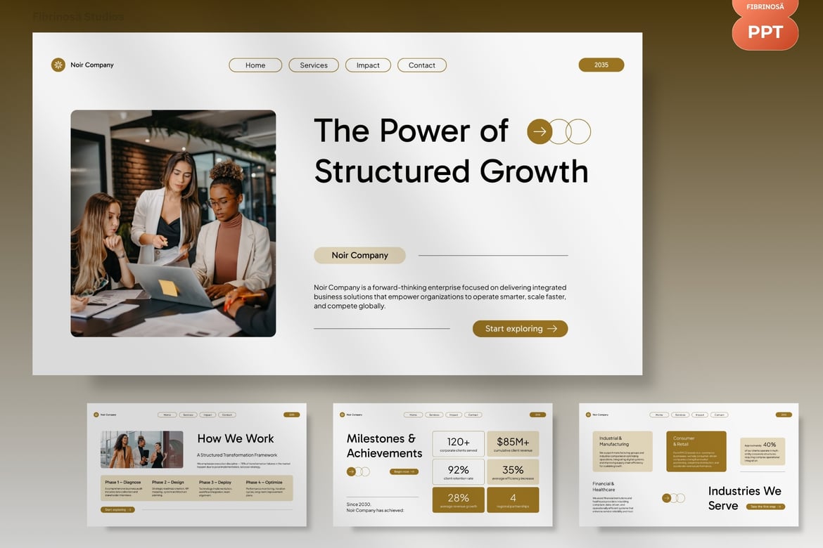 Template PowerPoint Profil Perusahaan Modern Emas Putih 178