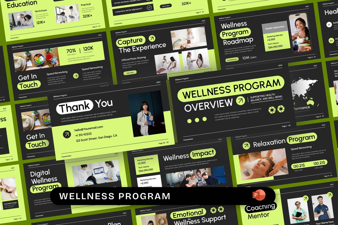 Template PowerPoint Program Kesehatan Modern Berwarna Hijau dan Hitam